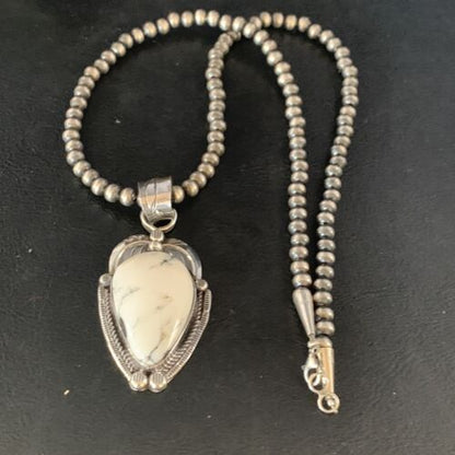 White Buffalo Turquoise Pendant Necklace | Sterling Silver | Navajo | Authentic Native American Handmade | 14049