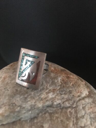 Navajo Kingman Turquoise Coral Ring | Sterling Silver | Sz 4 | Authentic Native American Handmade | 3628