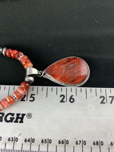 Red Spiny Oyster Pendant | Sterling Silver Navajo Pearls Necklace | Authentic Native American Handmade | 4960