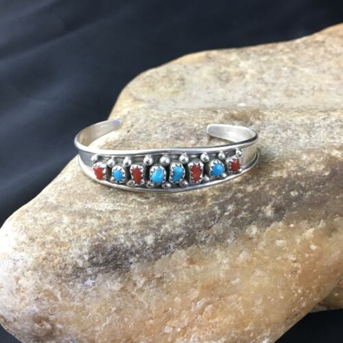 Navajo Children's Blue Turquoise Coral Cuff Bracelet | Sterling Silver | 4" | 10248