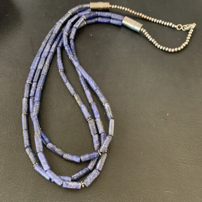 Navajo Blue Lapis 3-Strand Necklace | Sterling Silver Tube Beads | 23" | Authentic Native American Handmade | 12690