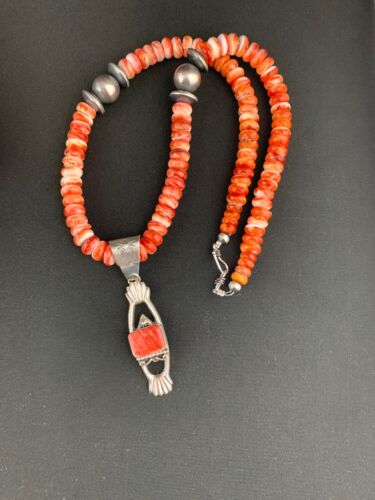 Navajo Red Spiny Oyster Pendant Necklace | Sterling Silver | Authentic Native American Handmade | 4782