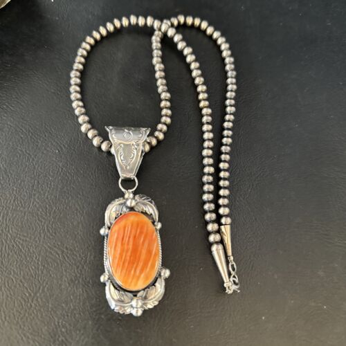 Navajo Orange Spiny Oyster Necklace Pendant | Sterling Silver | Authentic Native American Handmade | 14681