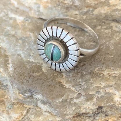 Native American Women's Navajo Green Turquoise Inlay Ring | Sz 6.5 | Sterling Silver | 11205