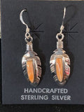 Navajo Orange Spiny Oyster Feather Earrings Set | Sterling Silver | Authentic Native American Handmade | 2741