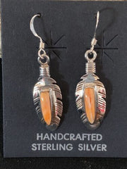 Navajo Orange Spiny Oyster Feather Earrings Set | Sterling Silver | Authentic Native American Handmade | 2741