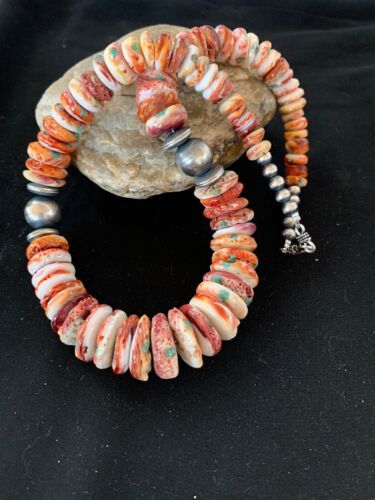 Navajo Red Spiny Oyster & Sterling Silver Graduated Necklace | Authentic Native American | 20" | 3242