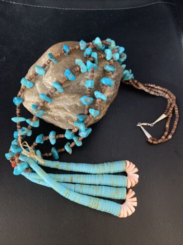 Santo Domingo Shell Blue Turquoise Bead Jacla Pendant Necklace | 30" | Authentic Native American Handmade | 13418