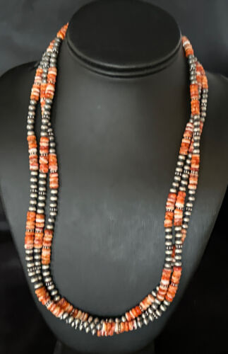 Navajo Pearls Necklace | Sterling Silver | Orange Spiny Oyster | 3-Strand | 22" | 14675