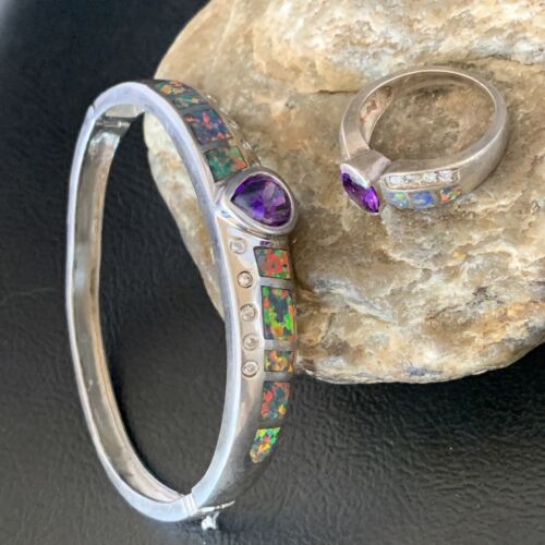 Old Pawn Navajo Opal Amethyst Bracelet | Sterling Silver | 7" | Sz 7 | Authentic Native American Handmade | 13121