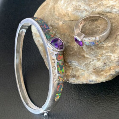 Old Pawn Navajo Opal Amethyst Bracelet | Sterling Silver | 7" | Sz 7 | Authentic Native American Handmade | 13121