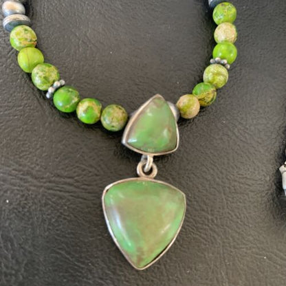 Navajo Green Gaspeite Turquoise Pendant | Sterling Silver | Authentic Native American Handmade | 12360