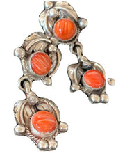 Native American Handmade Navajo Red Spiny Oyster Dangle Earrings | Sterling Silver | 2065