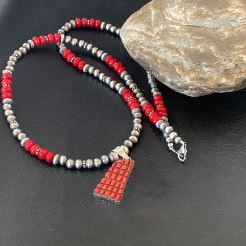 Navajo Red Coral Corn Inlay Necklace Pendant | Sterling Silver | 21" | Authentic Native American Handmade | 12584