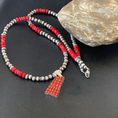 Navajo Red Coral Corn Inlay Necklace Pendant | Sterling Silver | 21" | Authentic Native American Handmade | 12584
