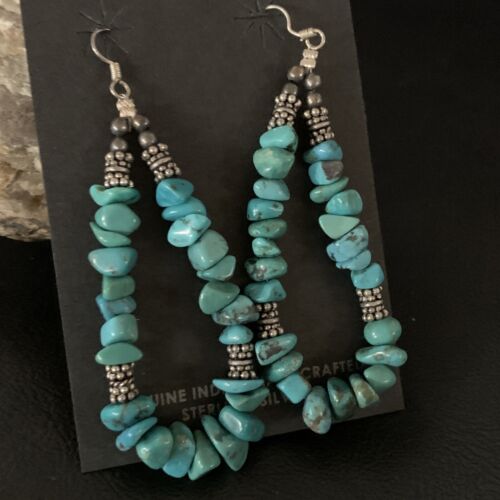 Navajo Turquoise Bead Nugget Earrings | Sterling Silver Pearls | 3" | Authentic Native American Handmade | 12890