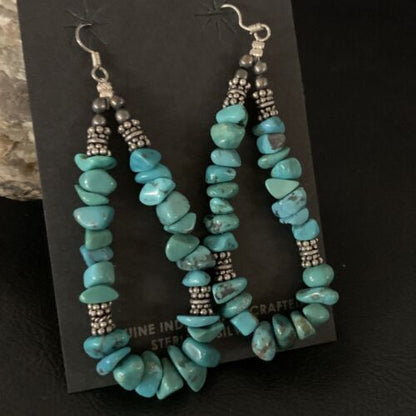 Navajo Turquoise Bead Nugget Earrings | Sterling Silver Pearls | 3" | Authentic Native American Handmade | 12890
