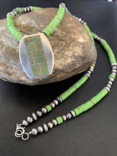Navajo Green Gaspeite Turquoise Pendant | Sterling Silver | Authentic Native American Handmade | 12345