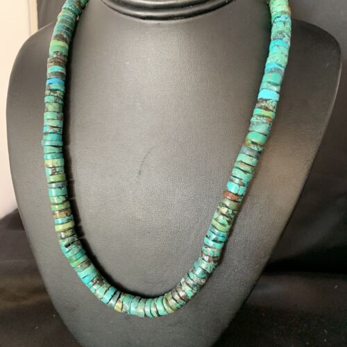 Turquoise Heishi Bead Necklace | 12mm | 20" | Sterling Silver | Native American Handmade | 13931