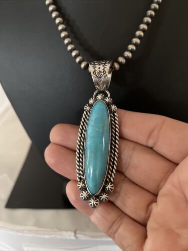 Men's Kingman Turquoise Pendant | Navajo Pearl Sterling Silver Necklace | Authentic Native American Handmade | 1070