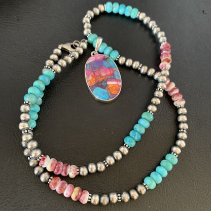 Navajo Pearls Sterling Silver Necklace with Turquoise and Purple Spiny Oyster Pendant | 13153