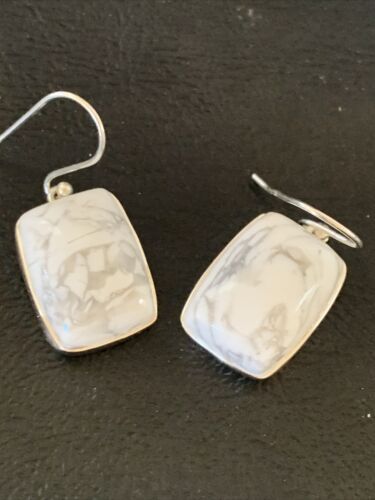 Navajo Sterling Silver White Howlite Black Dangle Rectangle Earrings | 0.75" | 12070