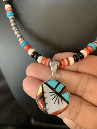 Zuni Multi-Color Turquoise Onyx Necklace | Sterling Silver Inlay Pendant | Authentic Native American Handmade | 13800