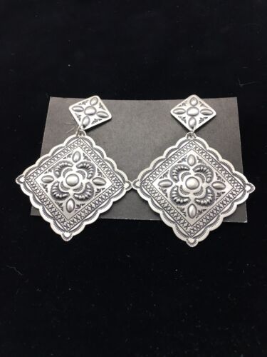 Authentic Native American Navajo Sterling Silver Stamped Earrings | 2.75" | SET01708 - Masha USA