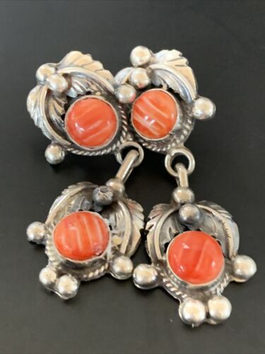 Navajo Red Spiny Oyster Dangle Earrings | Sterling Silver | Authentic Native American Handmade | 2060