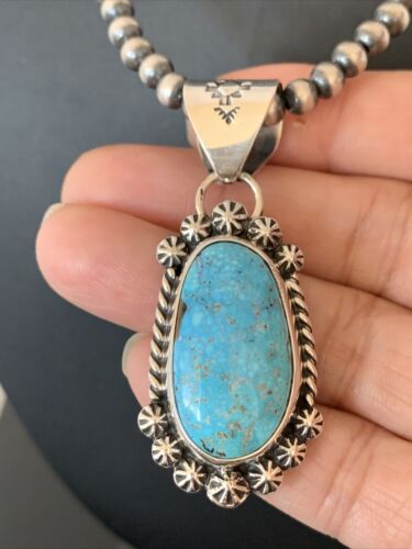 Men's Navajo Pearls Necklace with Blue Kingman Turquoise Pendant | Sterling Silver | Authentic Native American Handmade | 839