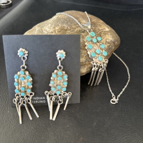 Native American Zuni Kingman Turquoise Necklace Pendant Earrings Set | Sterling Silver | 14487