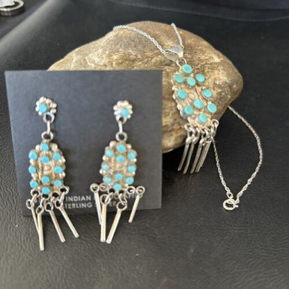 Native American Zuni Kingman Turquoise Necklace Pendant Earrings Set | Sterling Silver | 14487
