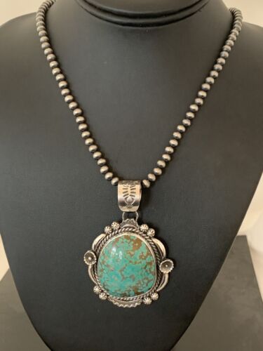 Men's Navajo Pearls Necklace Pendant | Sterling Silver | Blue Turquoise #8 | Authentic Native American Handmade | 529