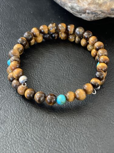 Stainless Steel Memory Wire Bracelet | Tiger's Eye & Turquoise | Southwestern Navajo Style | 1419
