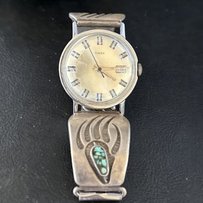 Men's Bear Paw Blue Turquoise Chip Inlay Watch Tips | Navajo Sterling Silver | Authentic Native American Jewelry | 14310