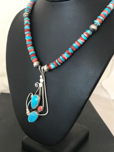 Navajo Kingman Turquoise & Spiny Oyster Pendant Necklace | Sterling Silver | 8659