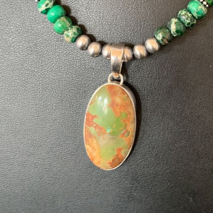 Navajo Pearls Green Turquoise Pendant Necklace | Sterling Silver Beads | Authentic Native American Handmade | 13309