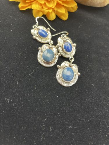 Southwestern Navajo Denim Lapis Dangle Earrings | Sterling Silver | 2" | 01798