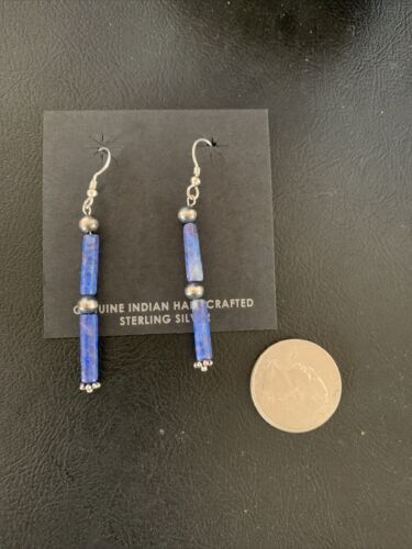 Navajo Denim Lapis Lazuli Bead Dangle Drop Earrings | Sterling Silver | Authentic Native American Handmade | 13040