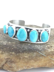 Navajo Men's Sterling Kingman Turquoise Bracelet | 5 Stone | Authentic Native American Handmade | 1304