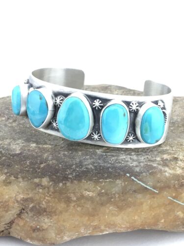 Navajo Men's Sterling Kingman Turquoise Bracelet | 5 Stone | Authentic Native American Handmade | 1304