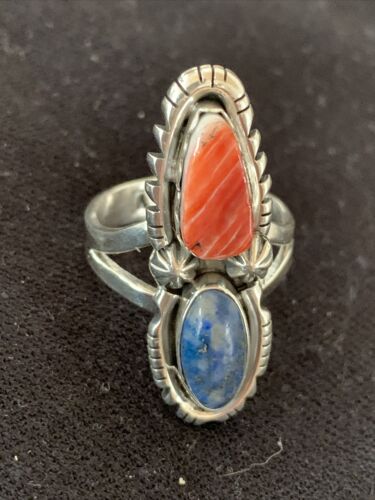 Navajo Red Spiny Oyster, Lapis, and Multi-Stone Ring | Authentic Native American Sterling Silver | Sz 10.5 | 1077