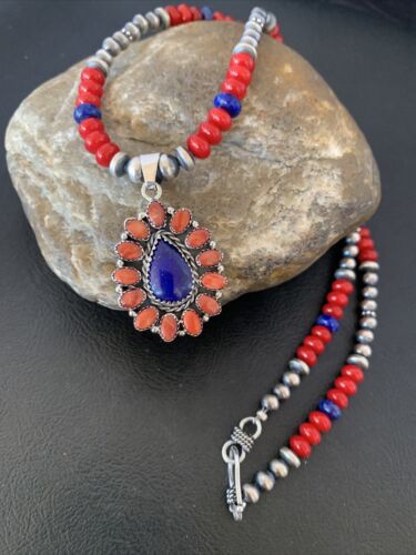 Navajo Red Stabilized Coral Lapis Necklace Cluster Pendant | Sterling Silver | Multi-Stone | 10633