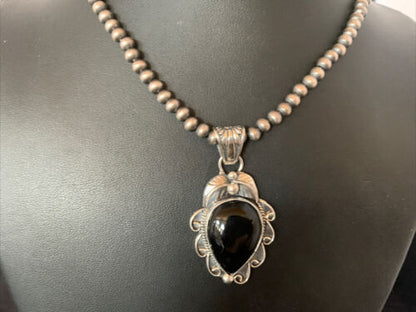 Navajo Pearls Black Onyx Necklace Pendant | Sterling Silver | Authentic Native American Handmade | 13095
