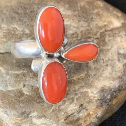 Navajo Red Coral Multi-Stone Ring | Authentic Native American Sterling Silver | Multi-Stone | Sz 7.5 | 14214