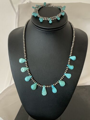 Navajo Pearls Sterling Silver Necklace & Bracelet Set | Blue Turquoise | Authentic Native American Handmade | 516