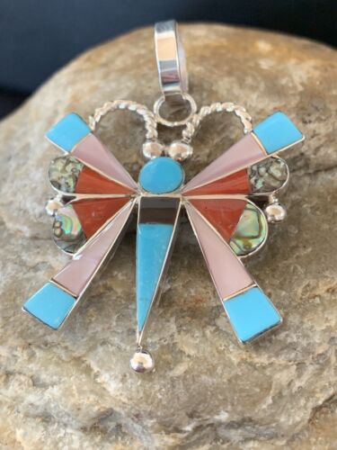 Zuni Turquoise Spiny Oyster Mother of Pearl Butterfly Necklace Inlay Pin Pendant | Sterling Silver | 1366