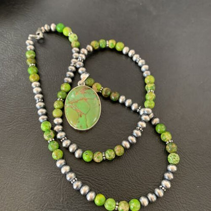 Navajo Pearl Necklace with Green Mojave Turquoise Pendant | Sterling Silver | 11757