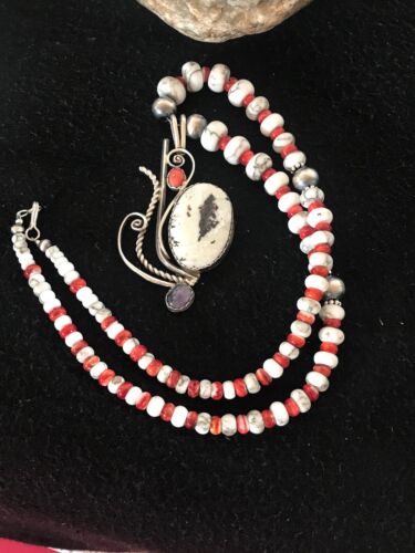 Navajo White Turquoise & Spiny Oyster Pendant Necklace | Authentic Native American Sterling Silver | Multi-Stone | 8645