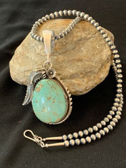 Men's Navajo Pearls | Sterling Silver | Blue Turquoise #8 Necklace & Pendant Set | 13749